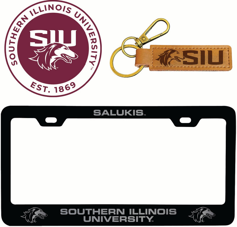 Southern Illinois Salukis Officially Licensed Auto Pack - Engraved Metal License Plate Frame, Leather Keychain & 2-Pack Logo Stickers