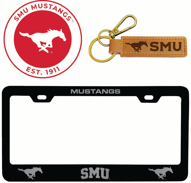 Southern Methodist University Officially Licensed Auto Pack - Engraved Metal License Plate Frame, Leather Keychain & 2-Pack Logo Stickers