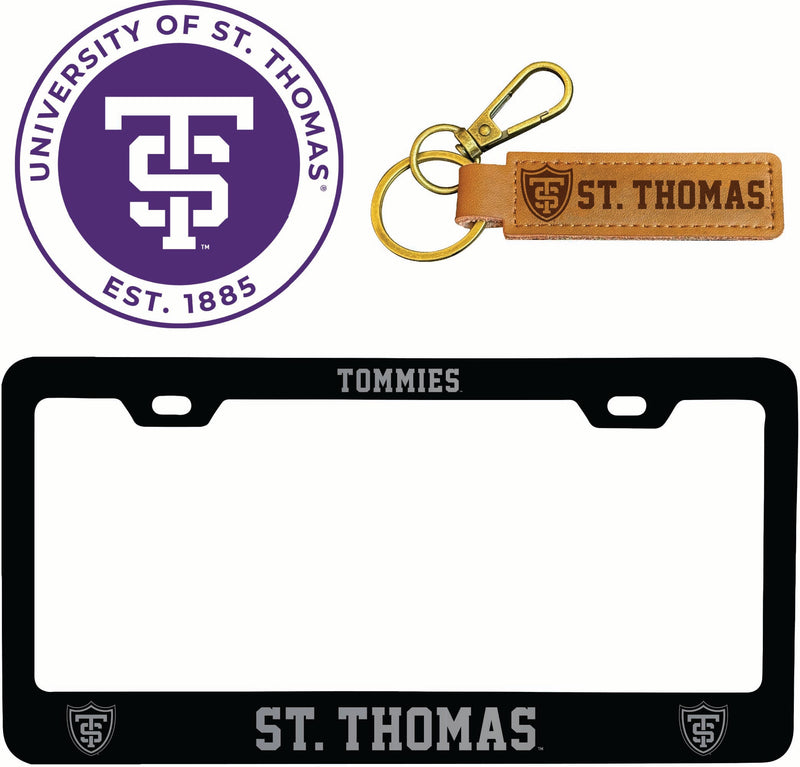 University of St. Thomas Officially Licensed Auto Pack - Engraved Metal License Plate Frame, Leather Keychain & 2-Pack Logo Stickers