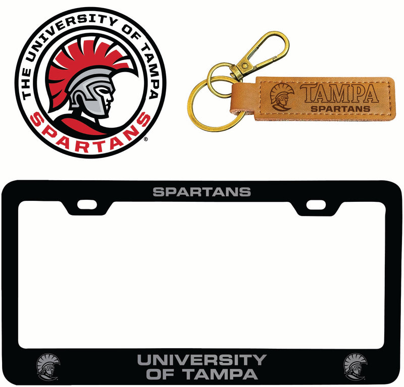 University of Tampa Spartans Officially Licensed Auto Pack - Engraved Metal License Plate Frame, Leather Keychain & 2-Pack Logo Stickers