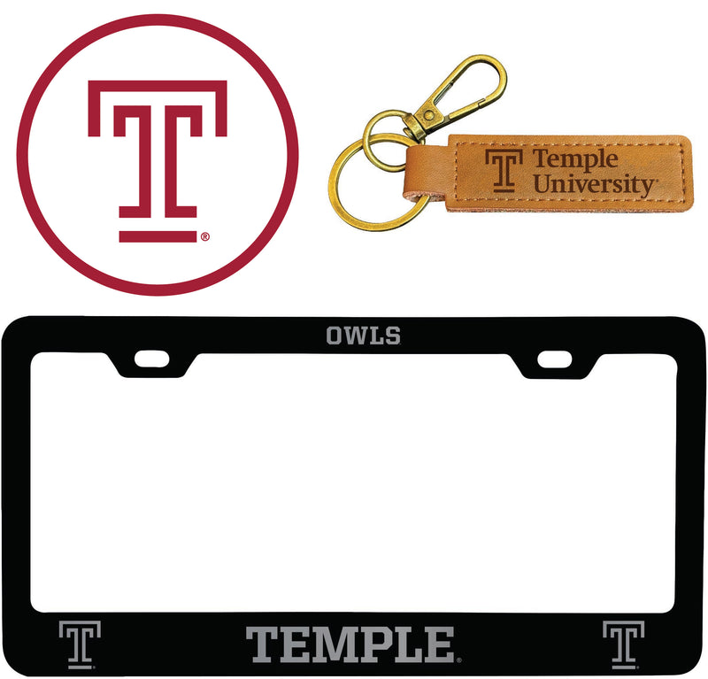 Temple University Officially Licensed Auto Pack - Engraved Metal License Plate Frame, Leather Keychain & 2-Pack Logo Stickers