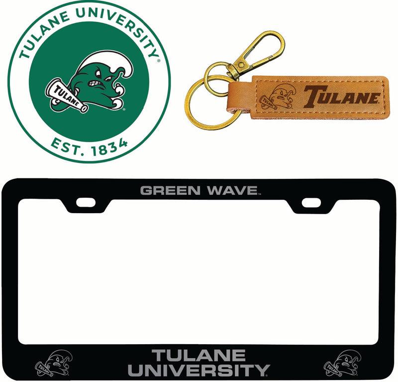 Tulane University Green Wave Officially Licensed Auto Pack - Engraved Metal License Plate Frame, Leather Keychain & 2-Pack Logo Stickers