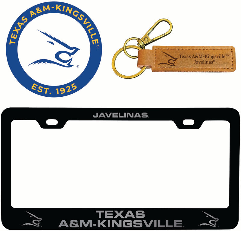 Texas A&M Kingsville Javelinas Officially Licensed Auto Pack - Engraved Metal License Plate Frame, Leather Keychain & 2-Pack Logo Stickers