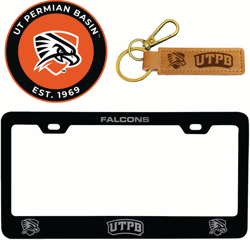 University of Texas of the Permian Basin Officially Licensed Auto Pack - Engraved Metal License Plate Frame, Leather Keychain & 2-Pack Logo Stickers