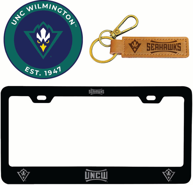 North Carolina Wilmington Seahawks Officially Licensed Auto Pack - Engraved Metal License Plate Frame, Leather Keychain & 2-Pack Logo Stickers