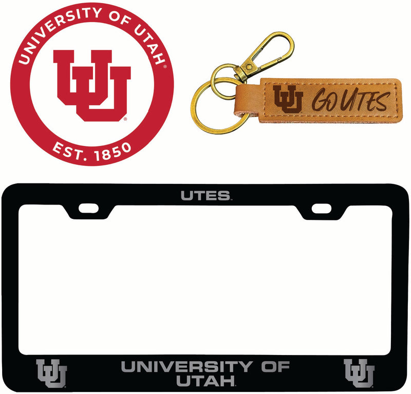 Utah Utes Officially Licensed Auto Pack - Engraved Metal License Plate Frame, Leather Keychain & 2-Pack Logo Stickers