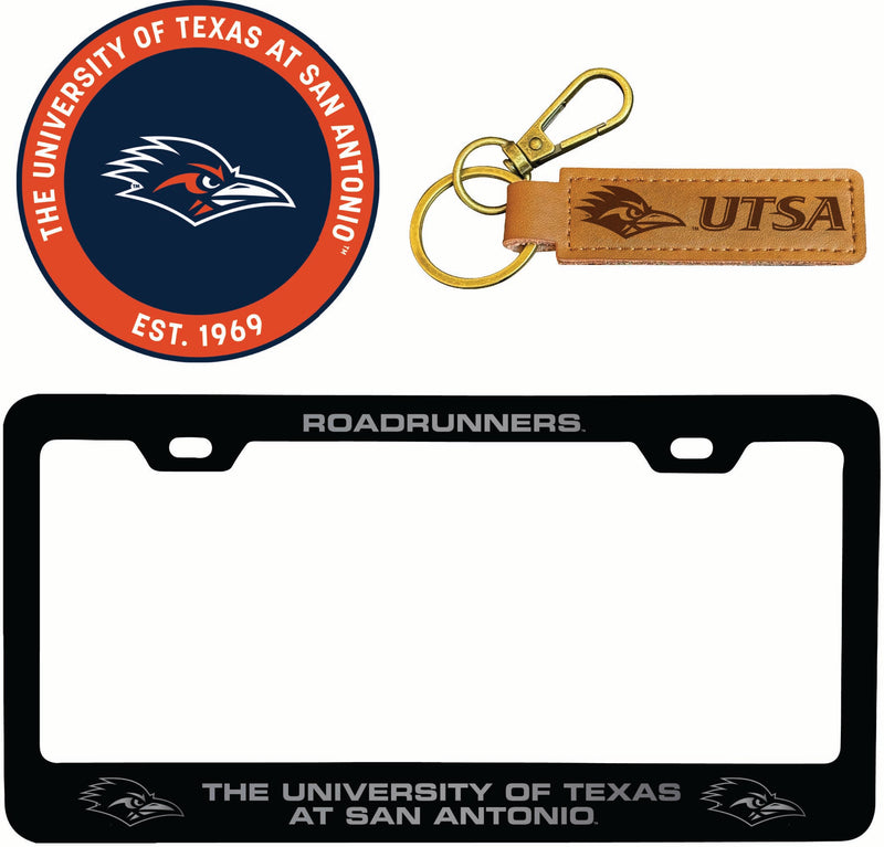 UTSA Road Runners Officially Licensed Auto Pack - Engraved Metal License Plate Frame, Leather Keychain & 2-Pack Logo Stickers