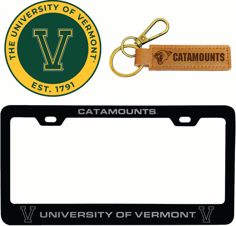 Vermont Catamounts Officially Licensed Auto Pack - Engraved Metal License Plate Frame, Leather Keychain & 2-Pack Logo Stickers