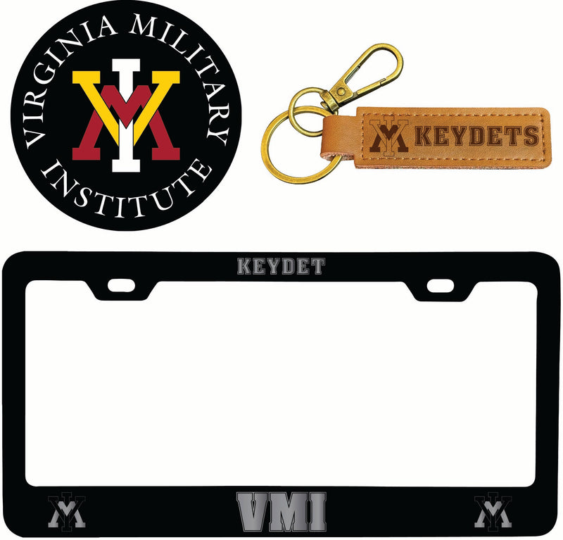 VMI Keydets Officially Licensed Auto Pack - Engraved Metal License Plate Frame, Leather Keychain & 2-Pack Logo Stickers
