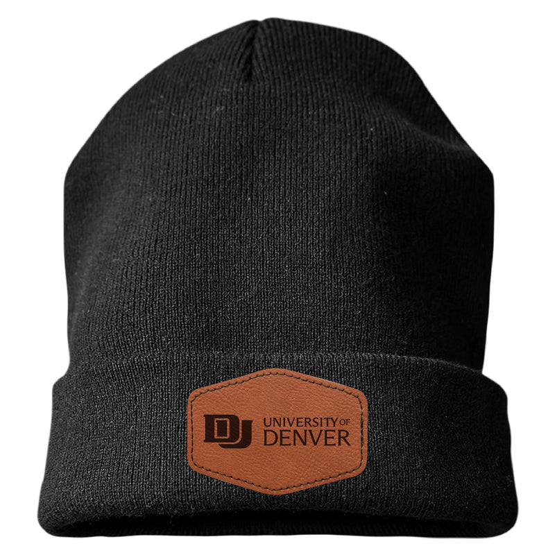 University of Denver Pioneers Officially Licensed Unisex Beanie with Round or Hexagonal Leatherette Patch Black|Hexagon
