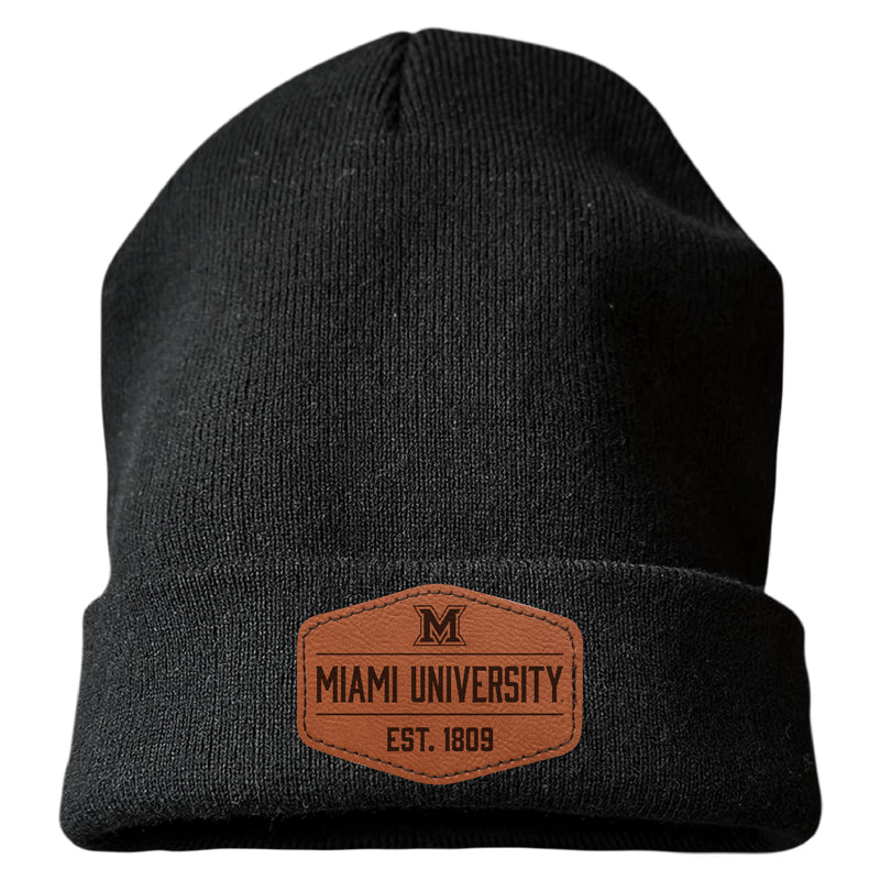 Miami University of Ohio Officially Licensed Unisex Beanie with Round or Hexagonal Leatherette Patch Black|Hexagon