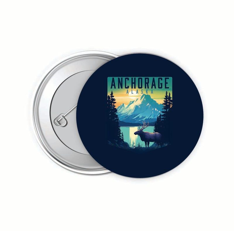 Anchorage Alaska Moose and Mountains Design Souvenir Small 2-Inch Button Pin 4 Pack