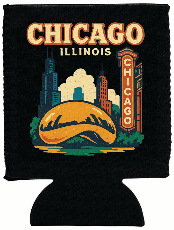 Chicago Illinois Vintage Design Souvenir Neoprene Can Hugger Black
