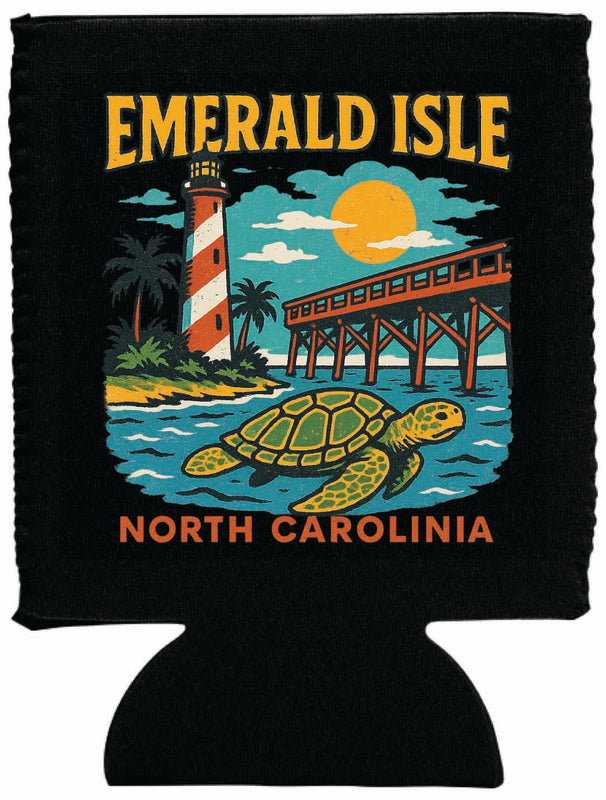 Emerald Isle North Carolina Vintage Design Souvenir Neoprene Can Hugger Black