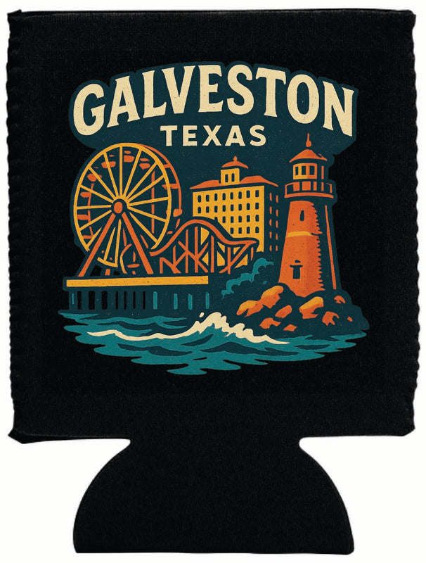 Galveston Texas Vintage Design Souvenir Neoprene Can Hugger Black