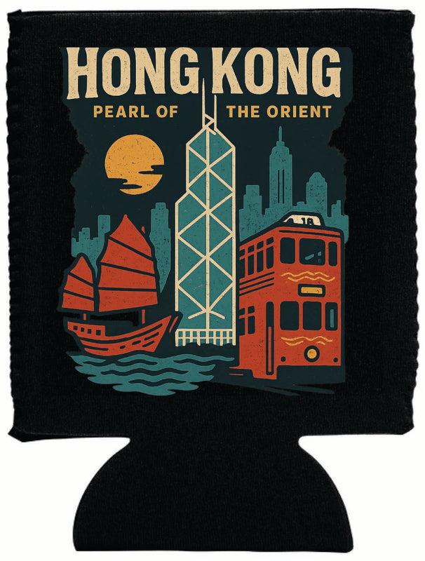 Hong Kong Vintage Design Souvenir Neoprene Can Hugger Black