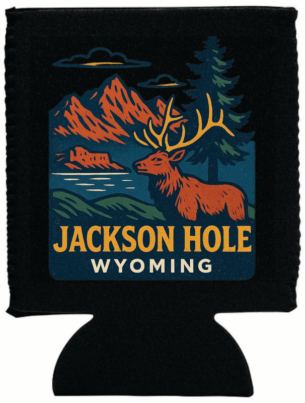 Jackson Hole Wyoming Vintage Design Souvenir Neoprene Can Hugger Black