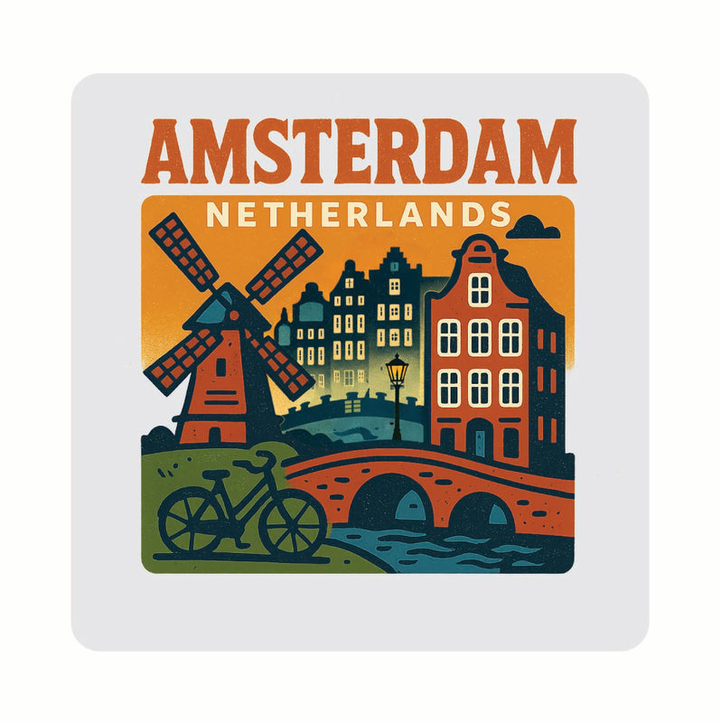 Amsterdam Netherlands Vintage Design Souvenir Coaster Set – 4 Pack (Multiple Materials & Sizes)