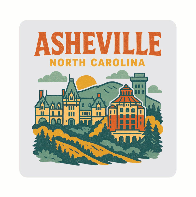 Asheville North Carolina Vintage Design Souvenir Coaster Set – 4 Pack (Multiple Materials & Sizes)