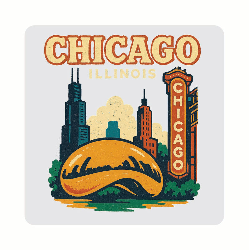 Chicago Illinois Vintage Design Souvenir Coaster Set – 4 Pack (Multiple Materials & Sizes)