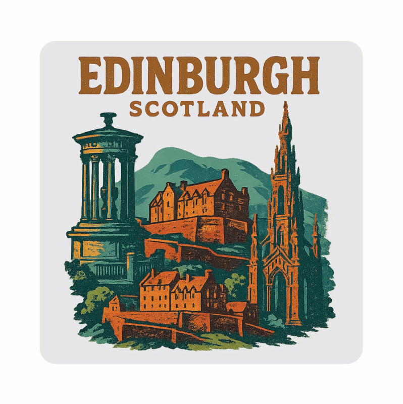 Edinburgh Scotland Vintage Design Souvenir Coaster Set – 4 Pack (Multiple Materials & Sizes)