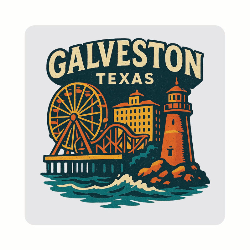 Galveston Texas Vintage Design Souvenir Coaster Set – 4 Pack (Multiple Materials & Sizes)