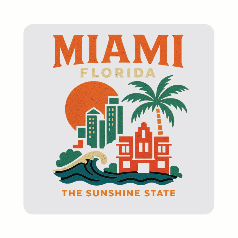 Miami Florida Vintage Design Souvenir Coaster Set – 4 Pack (Multiple Materials & Sizes)