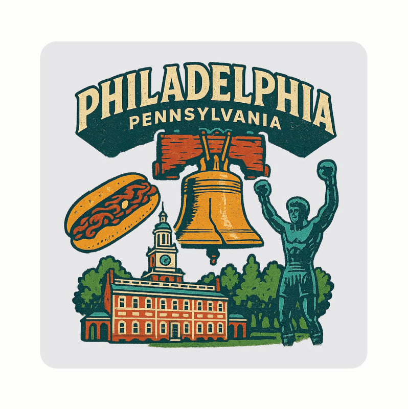 Philadelphia Pennsylvania Vintage Design Souvenir Coaster Set – 4 Pack (Multiple Materials & Sizes)