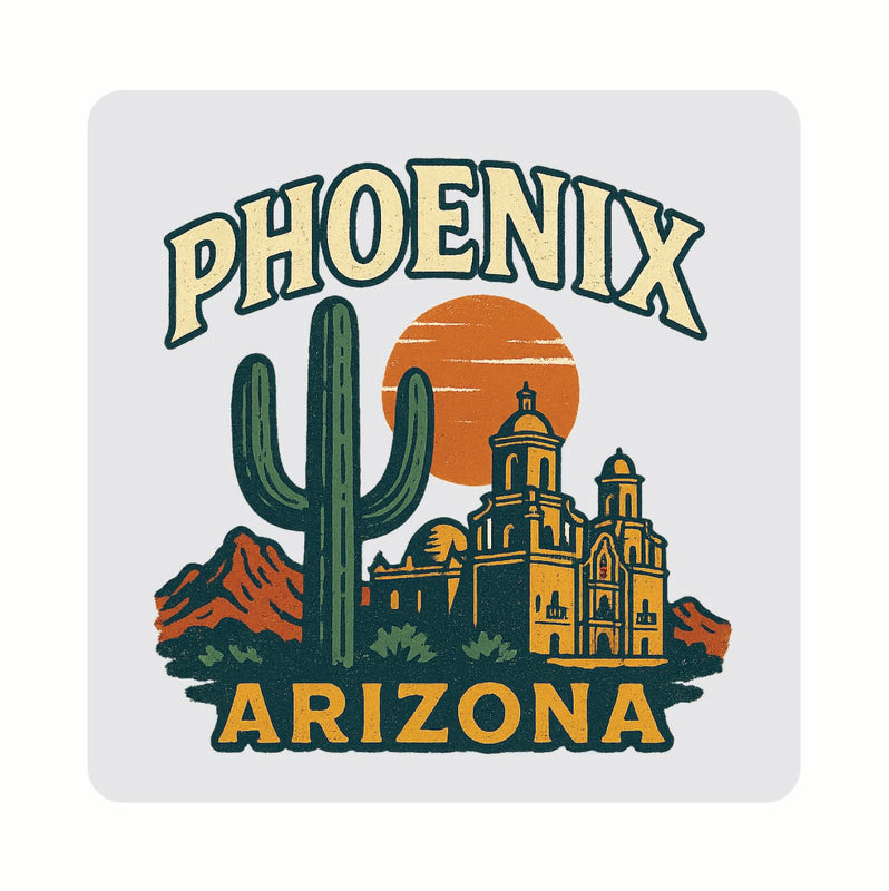 Phoenix Arizona Vintage Design Souvenir Coaster Set – 4 Pack (Multiple Materials & Sizes)