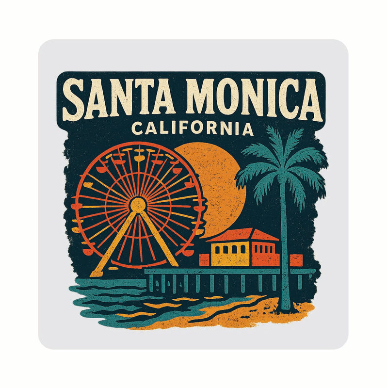 Santa Monica California Vintage Design Souvenir Coaster Set – 4 Pack (Multiple Materials & Sizes)