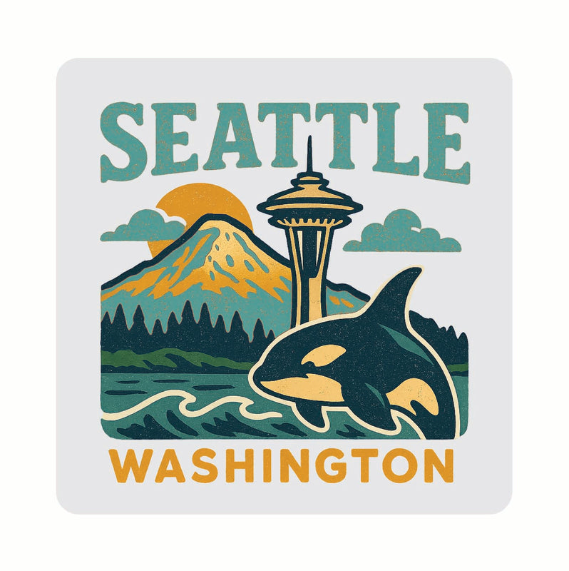 Seattle Washington Vintage Design Souvenir Coaster Set – 4 Pack (Multiple Materials & Sizes)