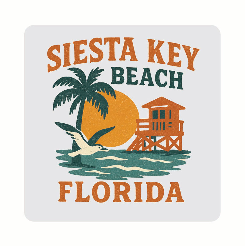 Siesta Key Beach Florida Vintage Design Souvenir Coaster Set – 4 Pack (Multiple Materials & Sizes)