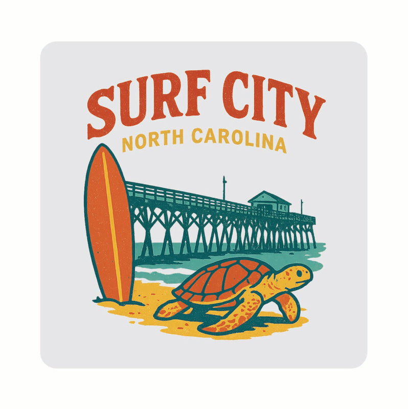 Surf City North Carolina Vintage Design Souvenir Coaster Set – 4 Pack (Multiple Materials & Sizes)