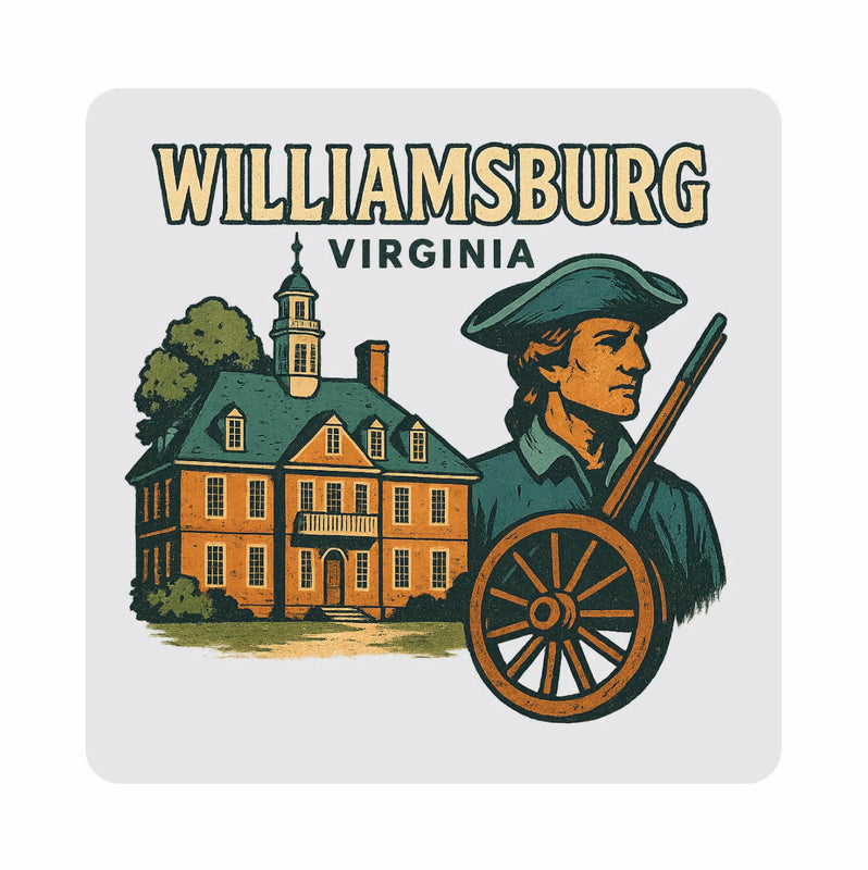 Williamsburg Virginia Vintage Design Souvenir Coaster Set – 4 Pack (Multiple Materials & Sizes)