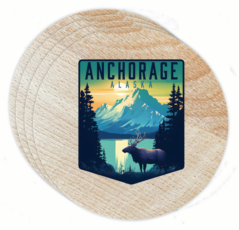 Anchorage Alaska Moose and Mountains Design Souvenir Coaster Wooden 3.5 x 3.5-Inch 4 Pack