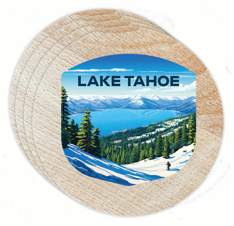 Lake Tahoe Ski Design D Souvenir Coaster Wooden 3.5 x 3.5-Inch 4 Pack