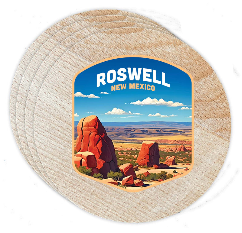 Rowell New Mexico Design B Souvenir Coaster Wooden 3.5 x 3.5-Inch 4 Pack