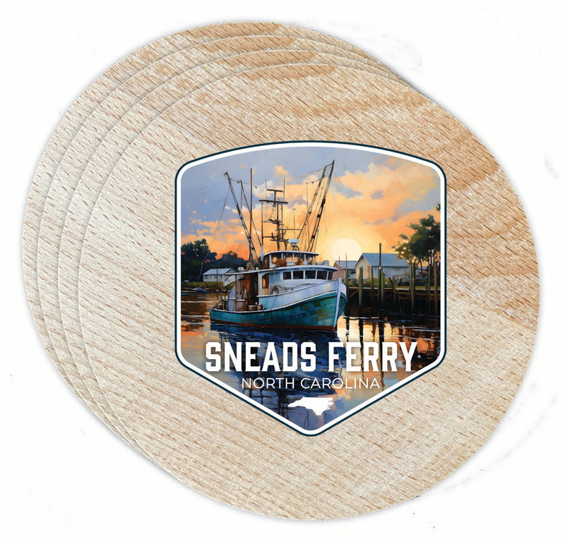 Sneads Ferry North Carolina Shrimp Boat Design Souvenir Coaster Wooden 3.5 x 3.5-Inch 4 Pack