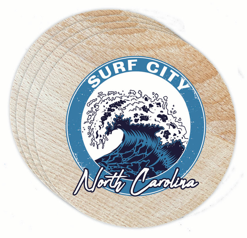 Surf City North Carolina Wave Design Souvenir Coaster Wooden 3.5 x 3.5-Inch 4 Pack