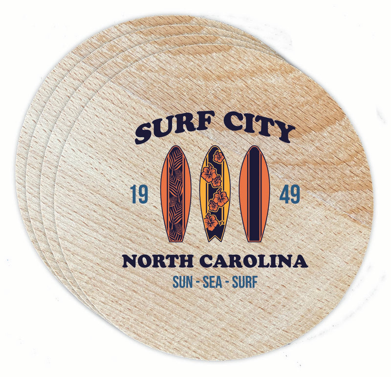 Surf City North Carolina Sun Sea Surf Design Souvenir Coaster Wooden 3.5 x 3.5-Inch 4 Pack