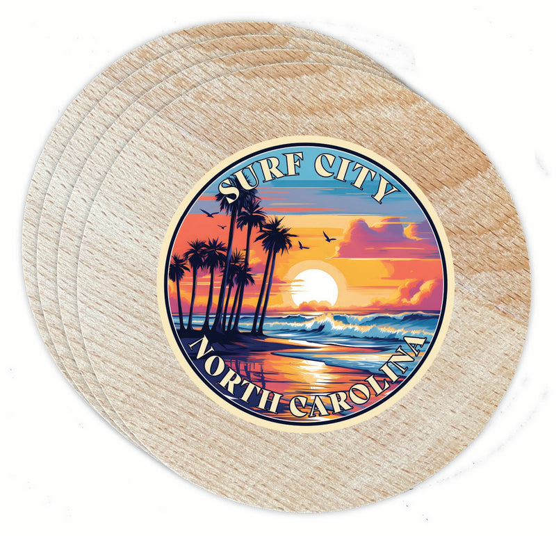Surf City North Carolina Palm Sunset Design Souvenir Coaster Wooden 3.5 x 3.5-Inch 4 Pack