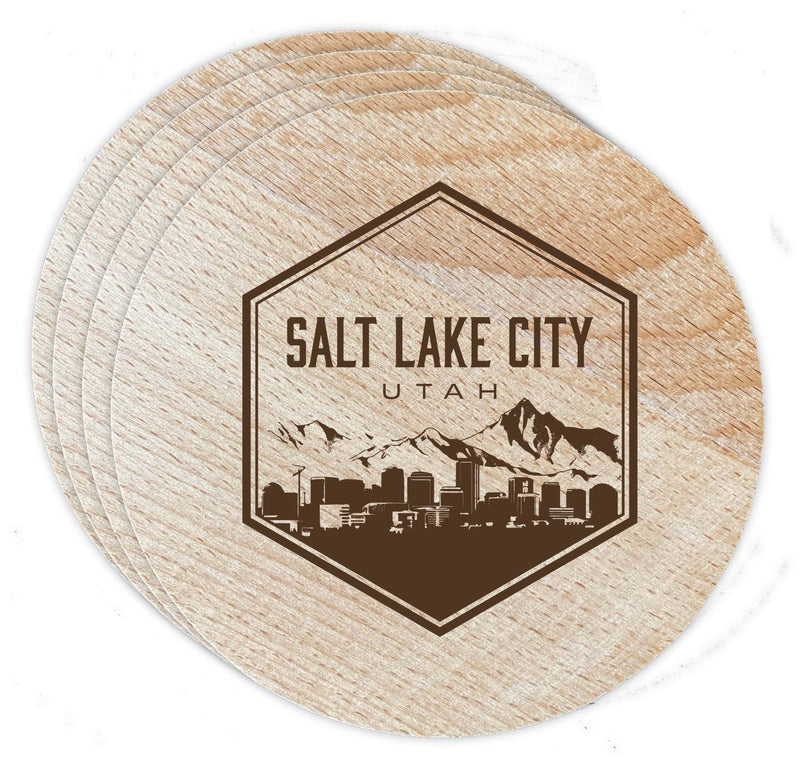 Salt Lake City Utah Souvenir Etched Coaster Wooden 3.5 x 3.5-Inch 4 Pack