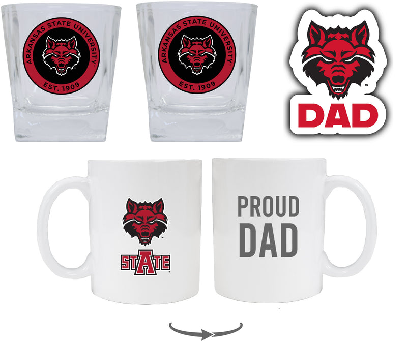 Arkansas State Collegiate Dad Gift Set - Proud Dad Decal, Coffee Mug & Whiskey Glasses