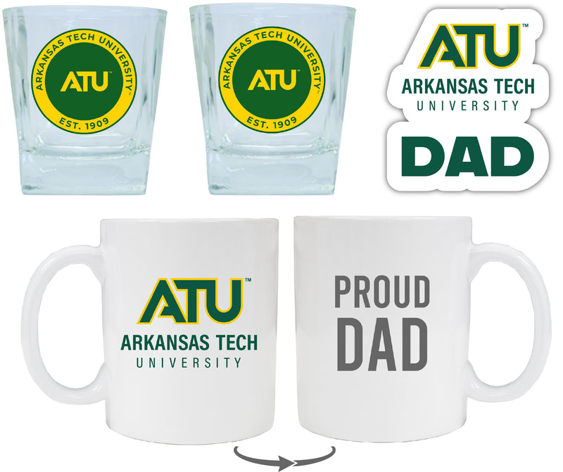 Arkansas Tech University Collegiate Dad Gift Set - Proud Dad Decal, Coffee Mug & Whiskey Glasses