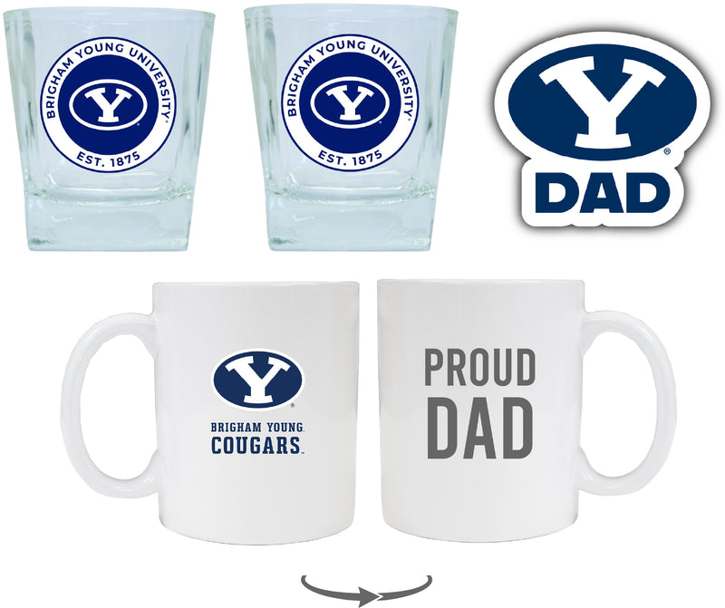 Brigham Young Cougars Collegiate Dad Gift Set - Proud Dad Decal, Coffee Mug & Whiskey Glasses