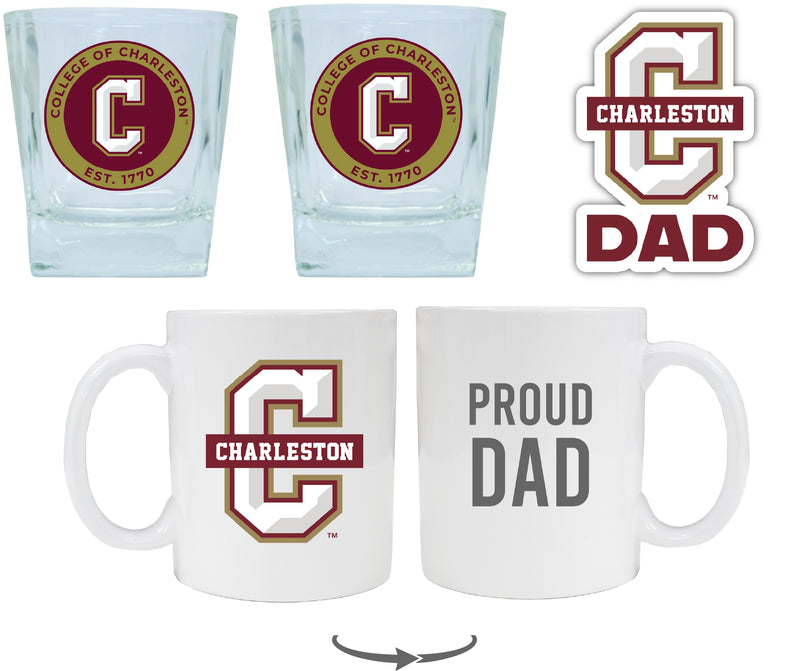 College of Charleston Collegiate Dad Gift Set - Proud Dad Decal, Coffee Mug & Whiskey Glasses