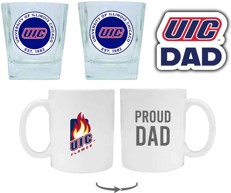 University of Illinois at Chicago Collegiate Dad Gift Set - Proud Dad Decal, Coffee Mug & Whiskey Glasses