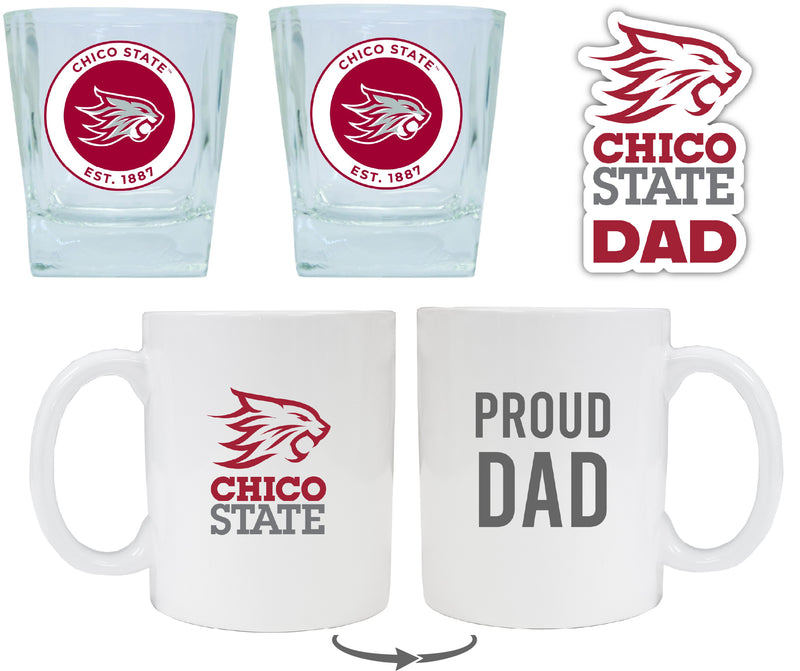 California State University, Chico Collegiate Dad Gift Set - Proud Dad Decal, Coffee Mug & Whiskey Glasses