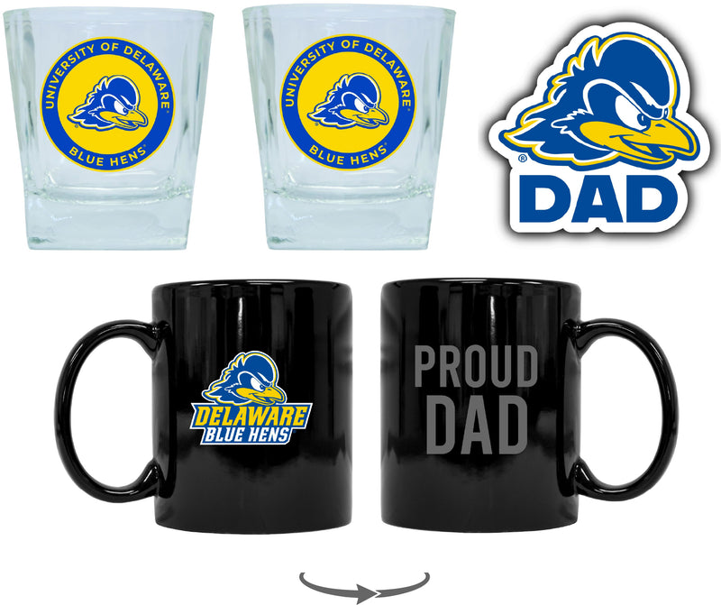 Delaware Blue Hens Collegiate Dad Gift Set - Proud Dad Decal, Coffee Mug & Whiskey Glasses