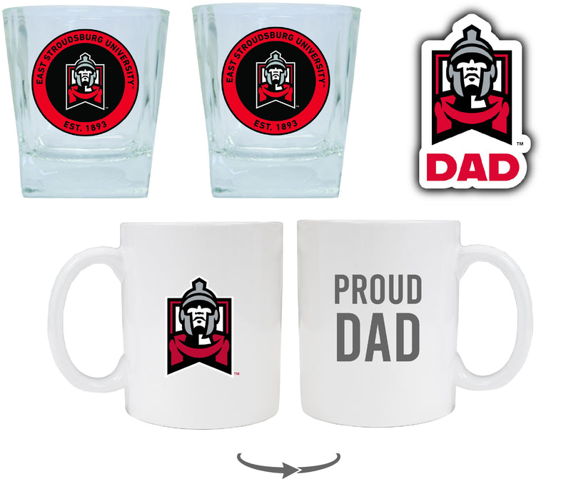 East Stroudsburg University Collegiate Dad Gift Set - Proud Dad Decal, Coffee Mug & Whiskey Glasses